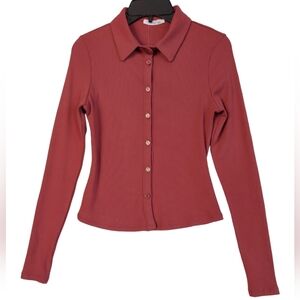 Timing Long Sleeve Cropped Shirt Women Large Brick Button-Up New Stretch